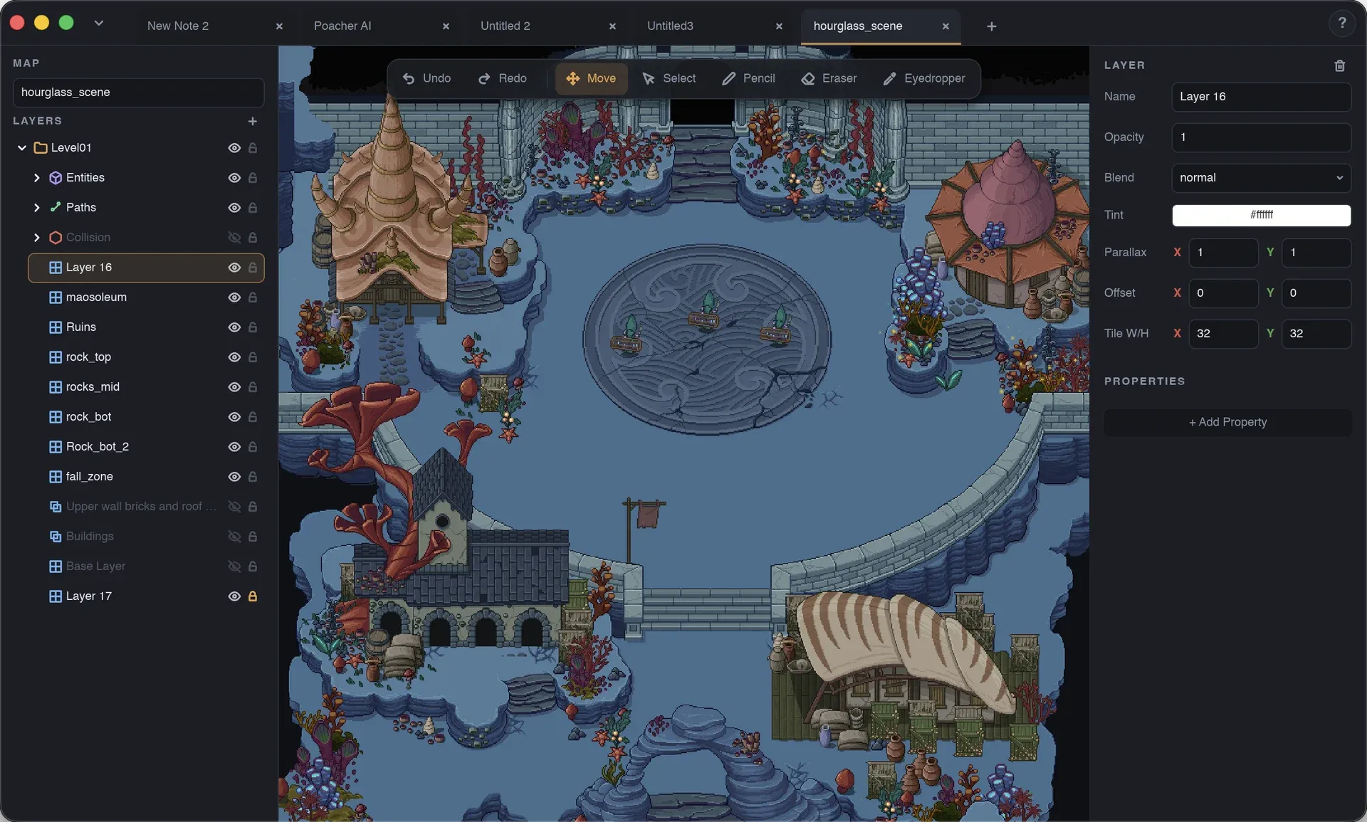 The Long Lost editor with the hourglass_scene map open: layer list, drawing tools and layer properties around a pixel-art underwater town
