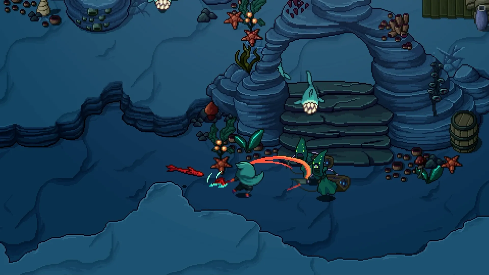 The player trading blows with a fish-folk warrior on the sea floor, sharks circling the ruins above.