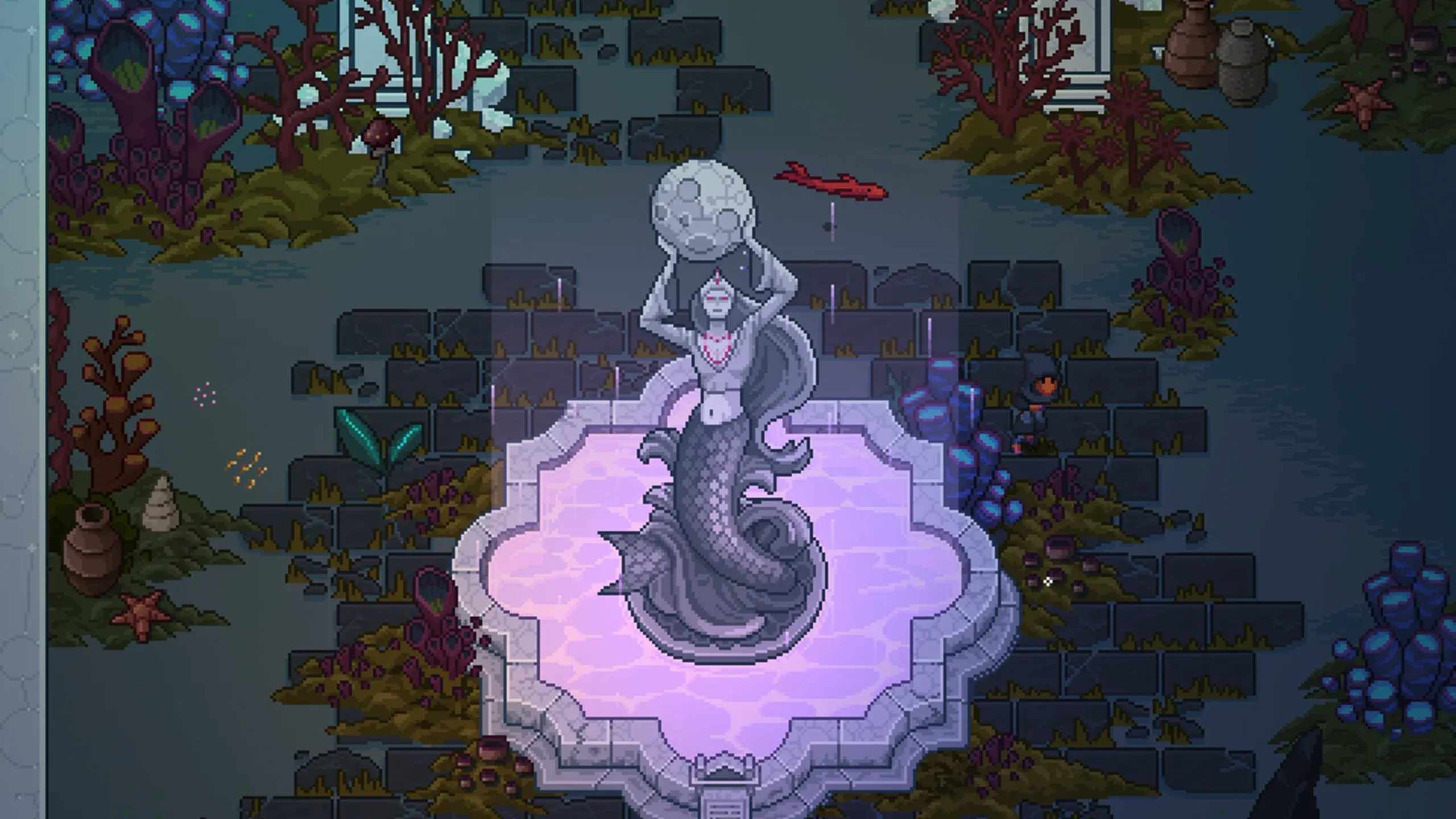 The mermaid statue lifting the moon over a glowing fountain in sunken ruins, the player and the red fish at right.